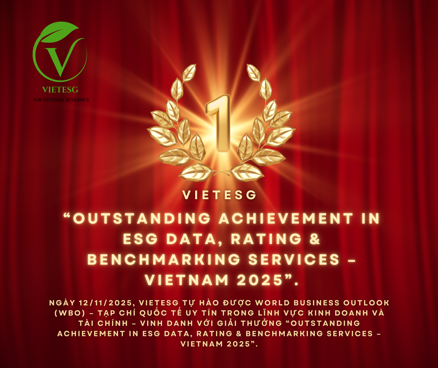 VIETESG NHẬN GIẢI “THÀNH TỰU XUẤT SẮC TRONG DỊCH VỤ DỮ LIỆU, XẾP HẠNG & ĐÁNH GIÁ ESG – VIỆT NAM 2025”
