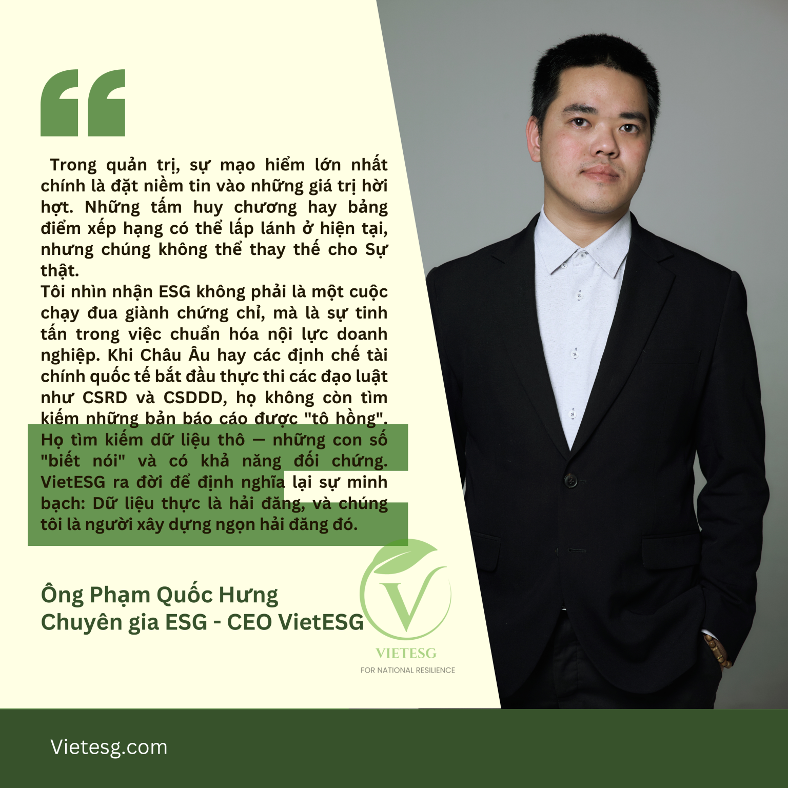 “ESG KHÔNG PHẢI LÀ CUỘC ĐUA CHỨNG CHỈ, ĐÓ LÀ LỜI CAM KẾT VỀ SỰ TỰ CƯỜNG”