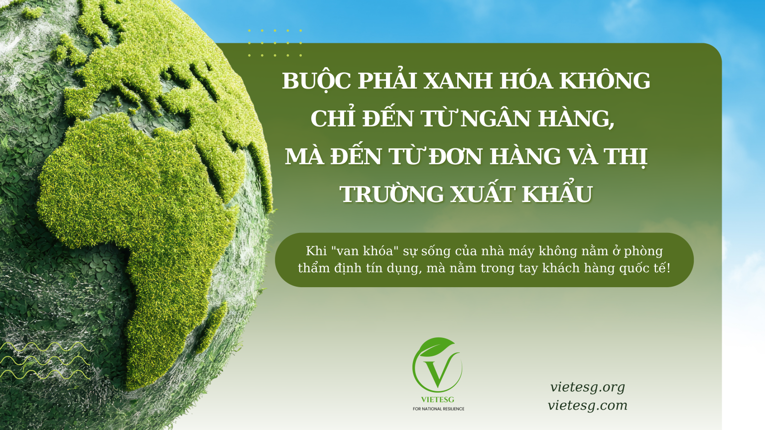 BUỘC PHẢI XANH HÓA KHÔNG CHỈ ĐẾN TỪ NGÂN HÀNG, MÀ ĐẾN TỪ ĐƠN HÀNG VÀ THỊ TRƯỜNG XUẤT KHẨU