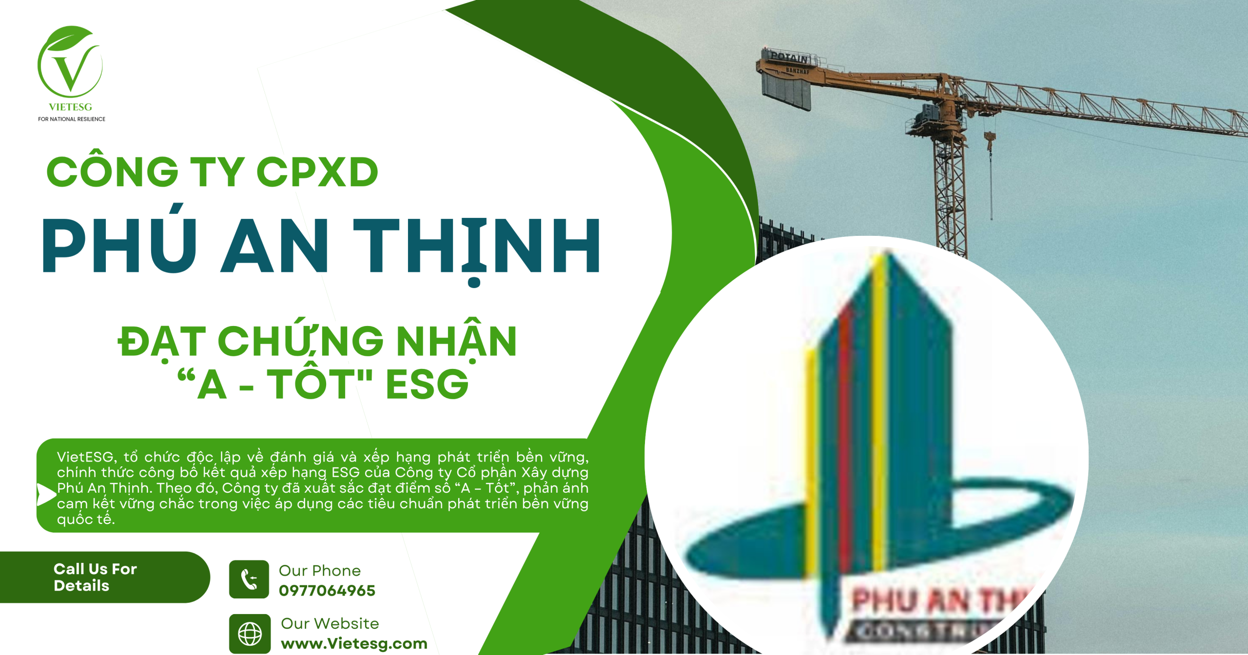 CÔNG TY CPXD PHÚ AN THỊNH ĐẠT CHỨNG NHẬN “A – TỐT” VỀ ESG